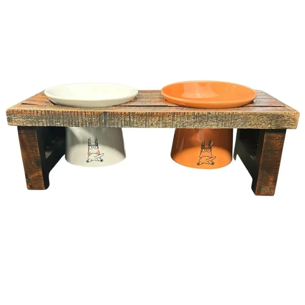 Rustic Wood Elevated Pet Feeder Farmhouse Country Style Cat Dog Feeder 17x8x6